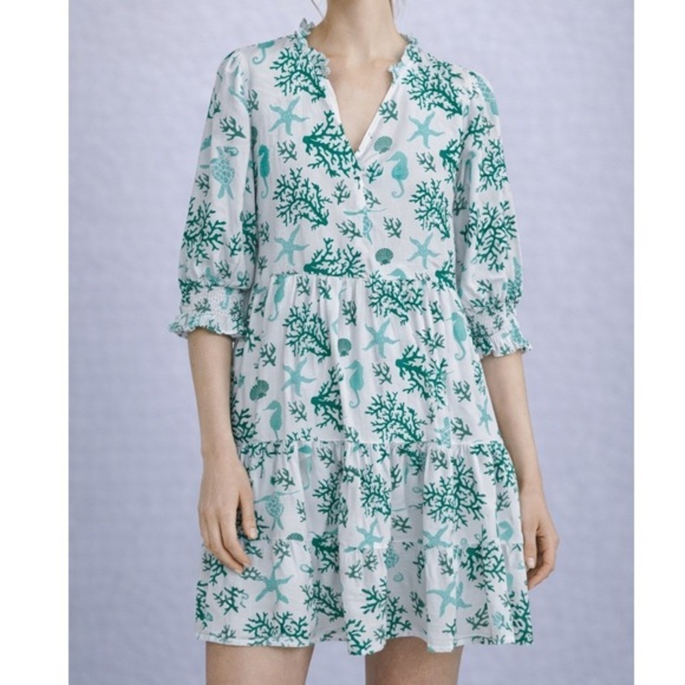 Charlee Dress Size Medium Aqua Sea Life Print Ruffle Cotton Beach Resort Coastal